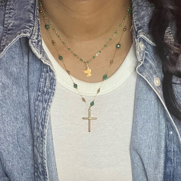 Natural Malachite Stone Cross & Enamel Bead Dove Set 18k Gold - Picture 2 of 2